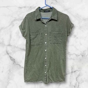 Zilcremo denim chambray olive Green Button-Up tunic Shirt dress size small